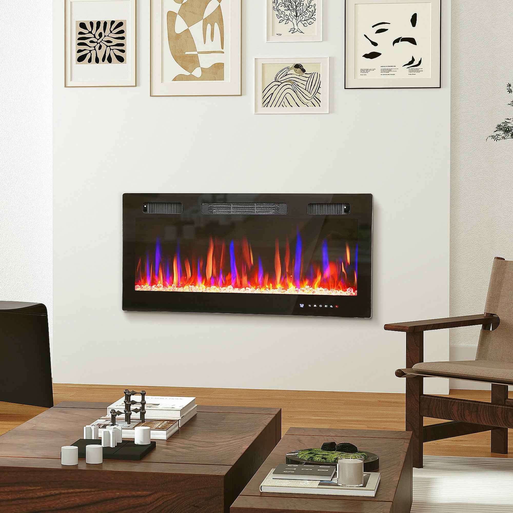 HOMCOM Built-in or Wall-Mounted Electric Fireplace with Adjustable Temperature, Steel and Glass, 91.4 x 9.4 x 47 cm, Black