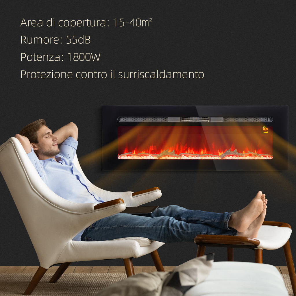 Electric Fireplace 1800W Adjustable with Remote Control, in Steel and Tempered Glass, 127x15.8x45 cm, Black