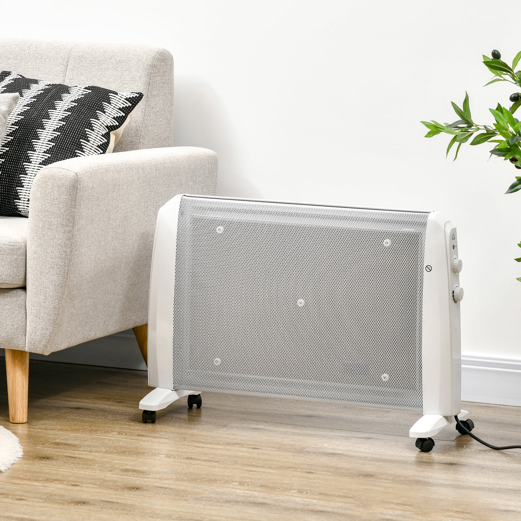 HOMCOM 1000W/2000W Electric Mica Heater with Adjustable Thermostat, 4 Wheels, 15-20 m², White