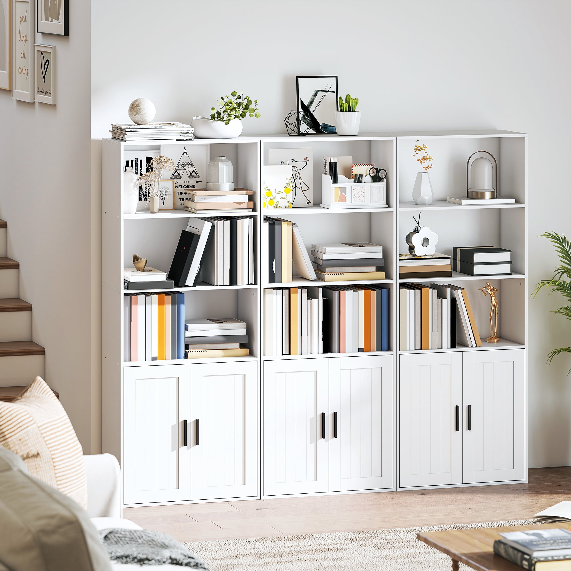 Bookcase with Open Shelves and 2-Door Cabinet with Adjustable Internal Shelf, 60x30x145.5 cm, White