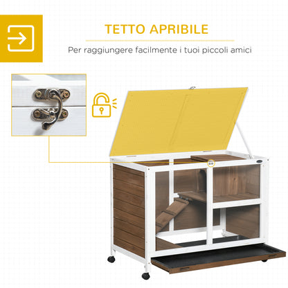 2-Level Rabbit Hutch with House, Ramp and Removable Tray, Fir Wood, 91.5x53. 3x73 cm, Brown