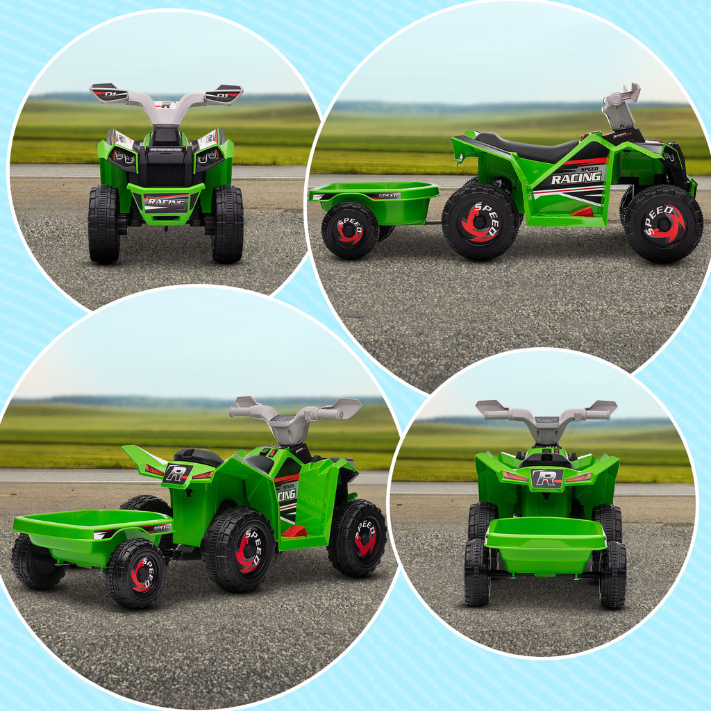 HOMCOM Electric Quad Bike for Kids with Trailer, Pedal, Forward and Reverse Gears, 2.5 km/h, for 18-36 Months, Green