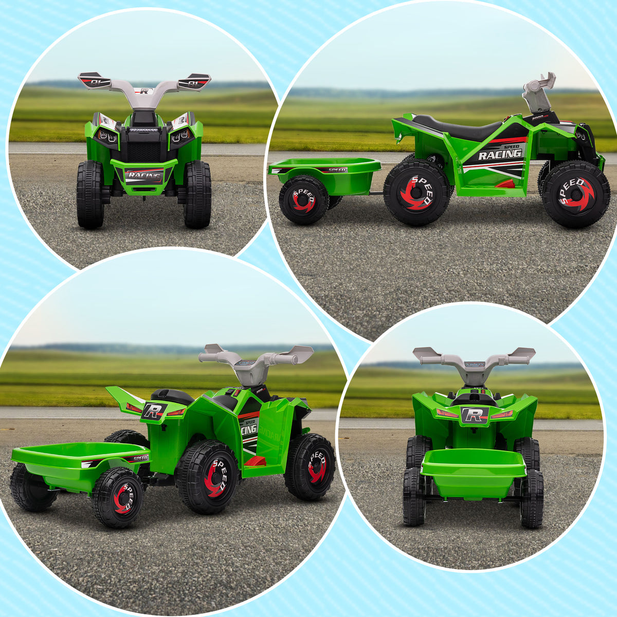HOMCOM Electric Quad Bike for Kids with Trailer, Pedal, Forward and Reverse Gears, 2.5 km/h, for 18-36 Months, Green