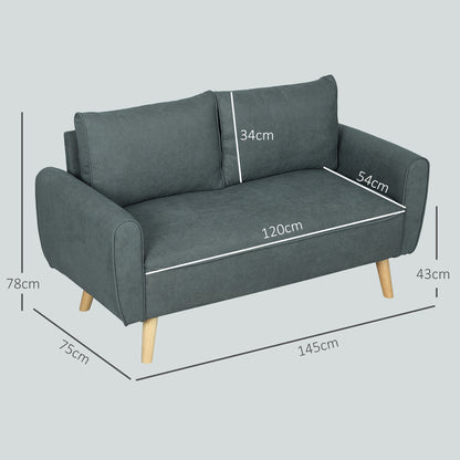 Space Saving 2 Seater Sofa with Back Cushions, in Velvet and Wood Effect Fabric, 145x75x78 cm, Grey