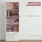 Kitchen Sideboard with Cabinet and 2 Drawers, Glass Doors and Adjustable Shelves, 59x30x164 cm, White