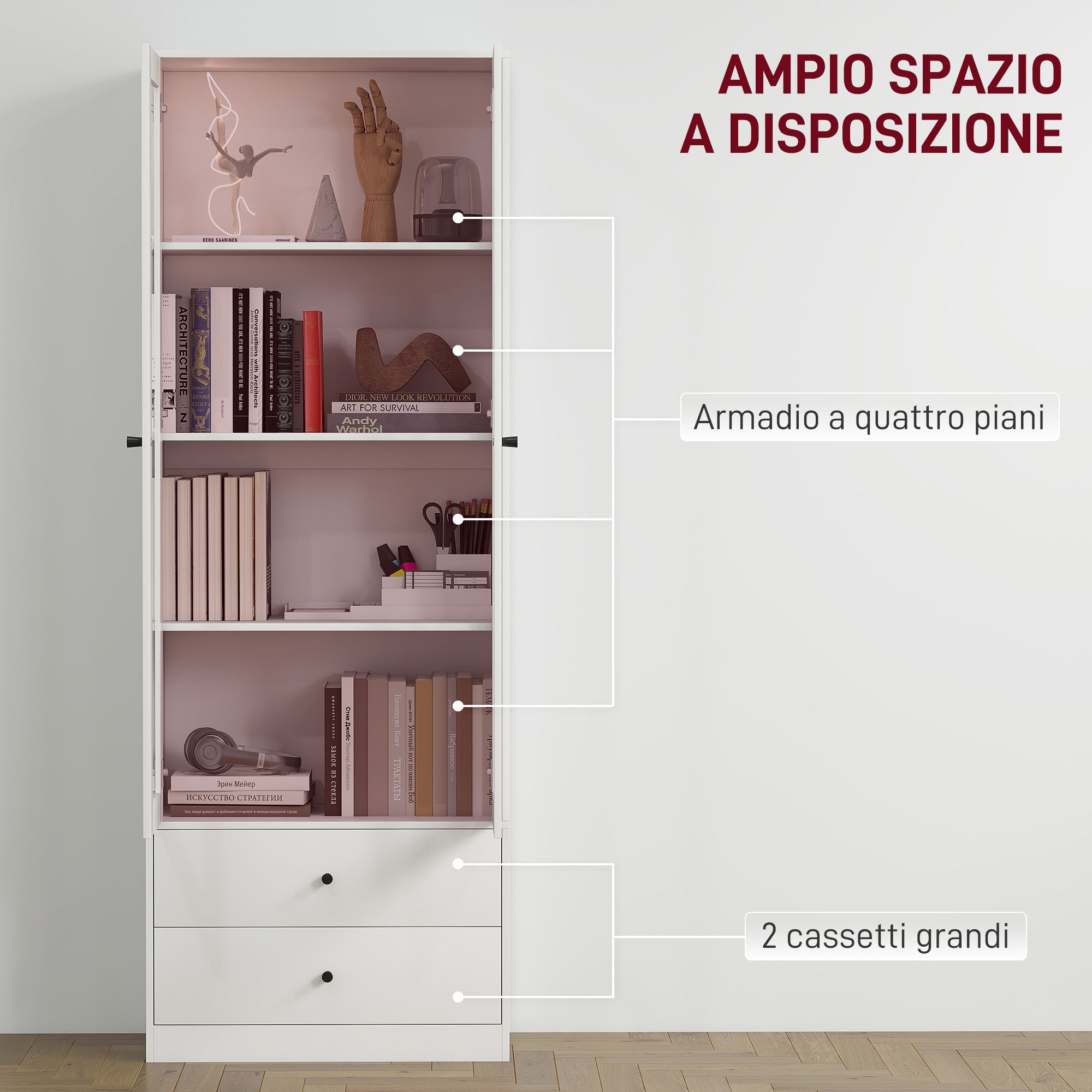 Kitchen Sideboard with Cabinet and 2 Drawers, Glass Doors and Adjustable Shelves, 59x30x164 cm, White
