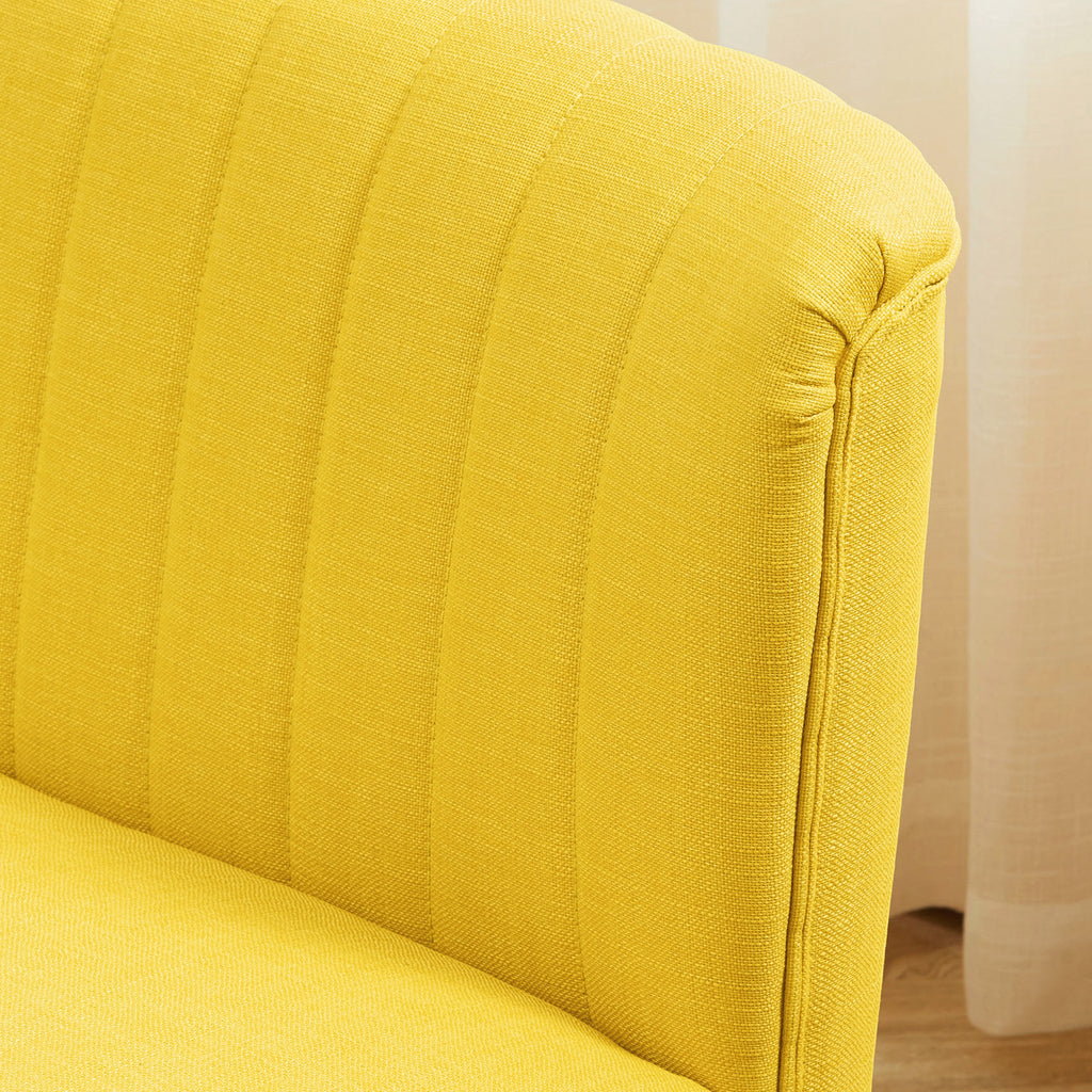 2-Seater Sofa in Linen-Effect Fabric without Armrests with Wooden Legs, 117x56.5x77 cm, Yellow