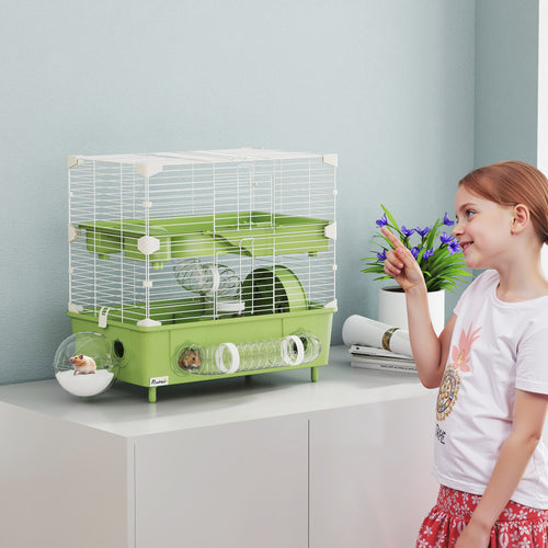 2-Tier 3-Door Hamster Cage with Wheel and Tubes, Steel, PS and PP, 44.5x28x44 cm, Green and White