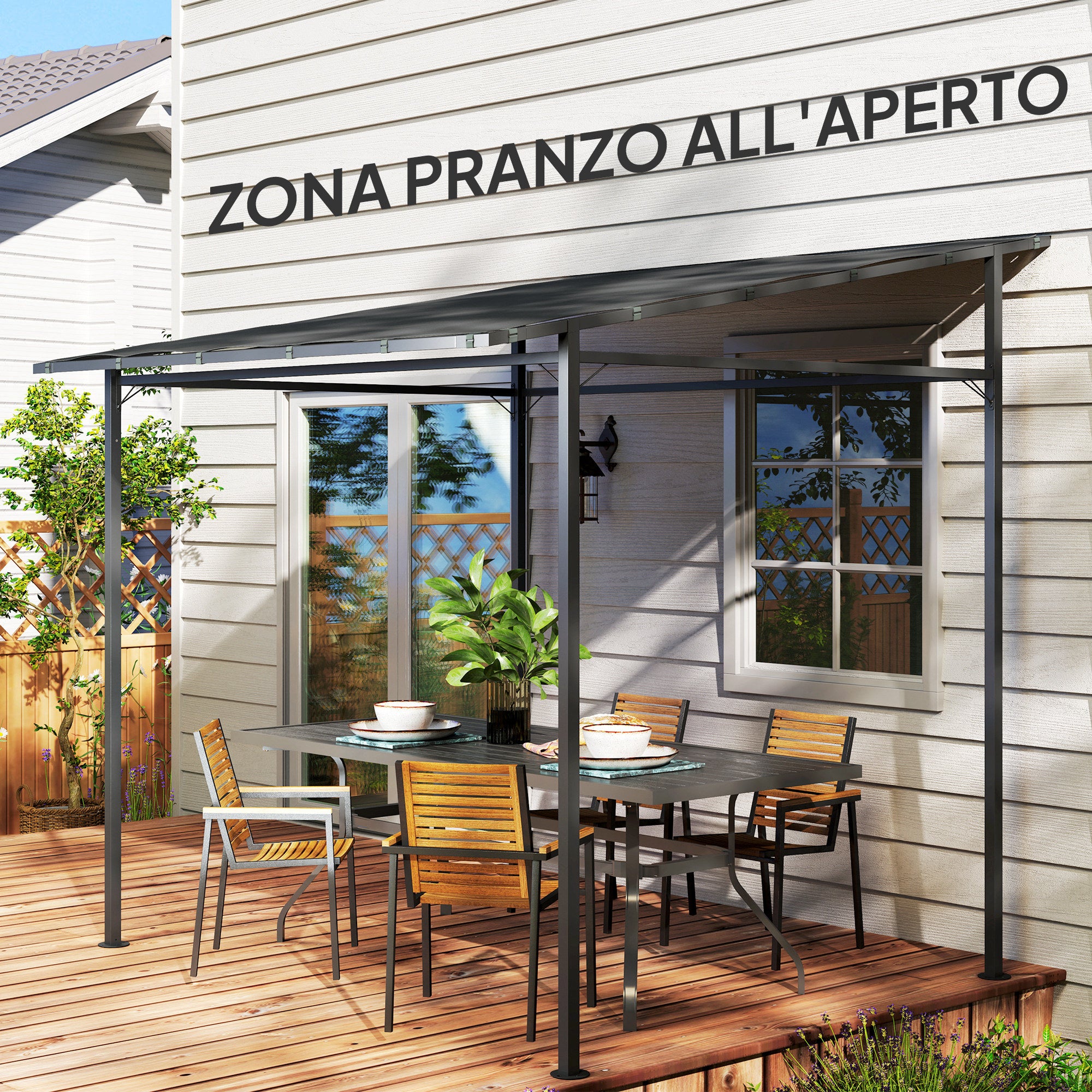 Pergola with Velcro Fasteners, in Metal and Polyester, 238x238x235/194 cm, Dark Grey