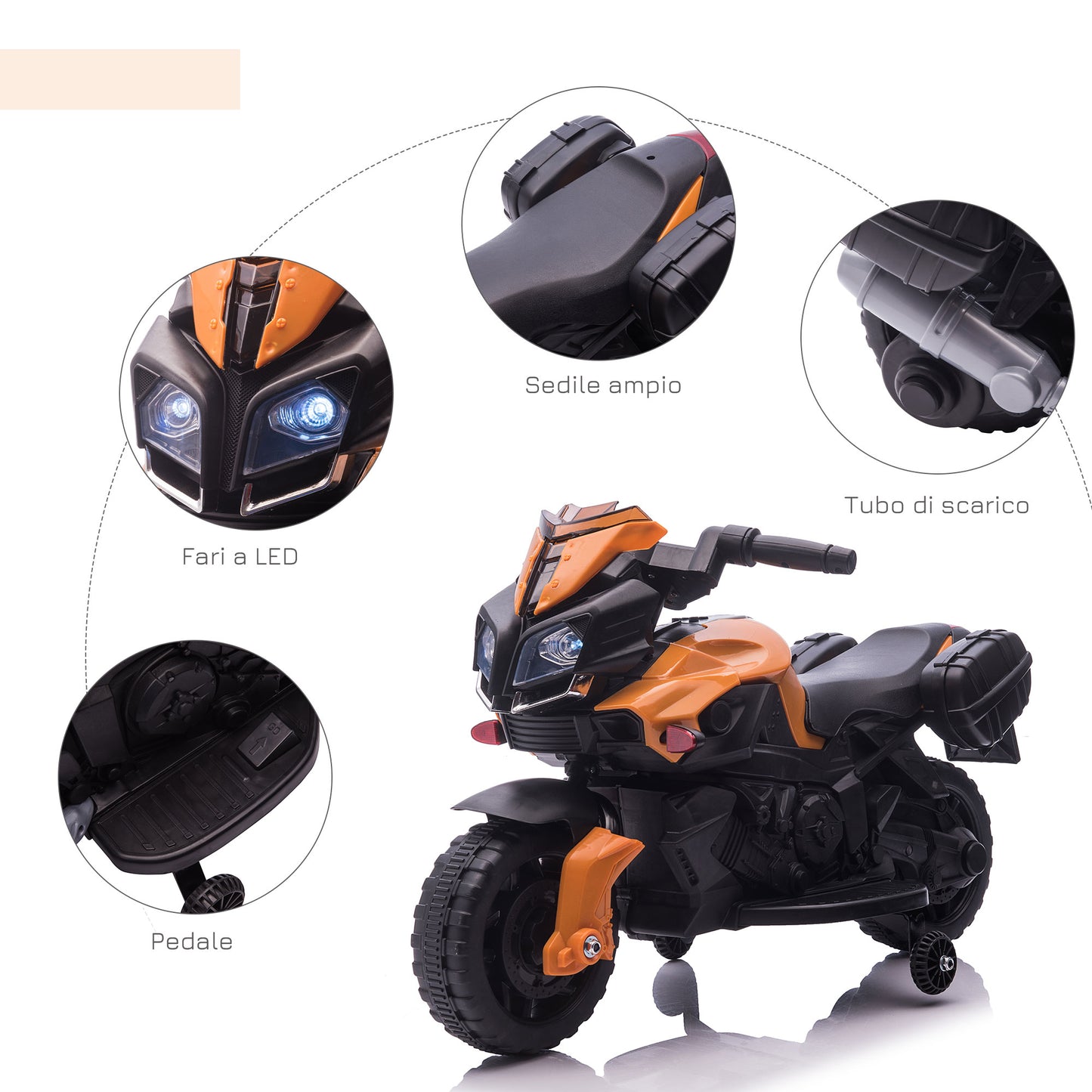 6V Electric Motorcycle for Children 18-48 Months with Headlights and Horn, in PP and Metal, 88.5x42.5x49 cm, Orange