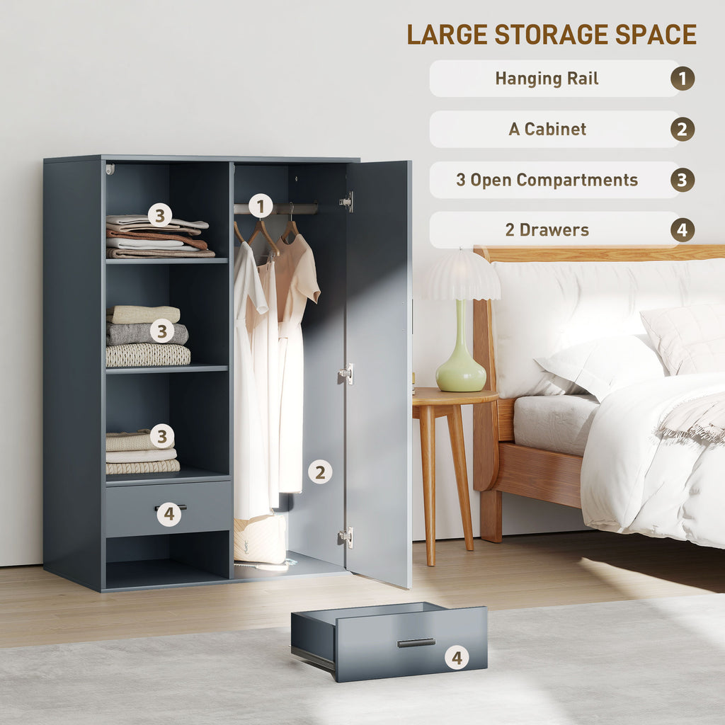 Modern Wardrobe with 2 Drawers, Open Shelves and Hanging Space, 80x50x124 cm, Dark Grey