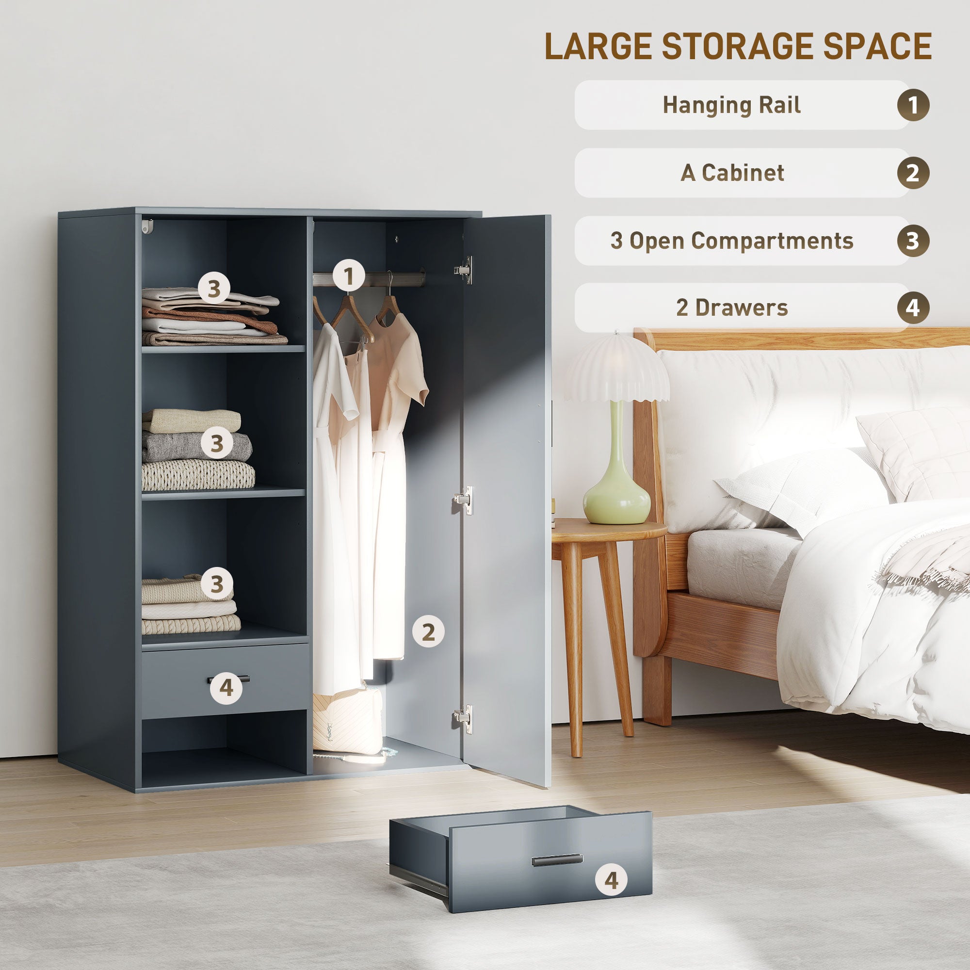 Modern Wardrobe with 2 Drawers, Open Shelves and Hanging Space, 80x50x124 cm, Dark Grey