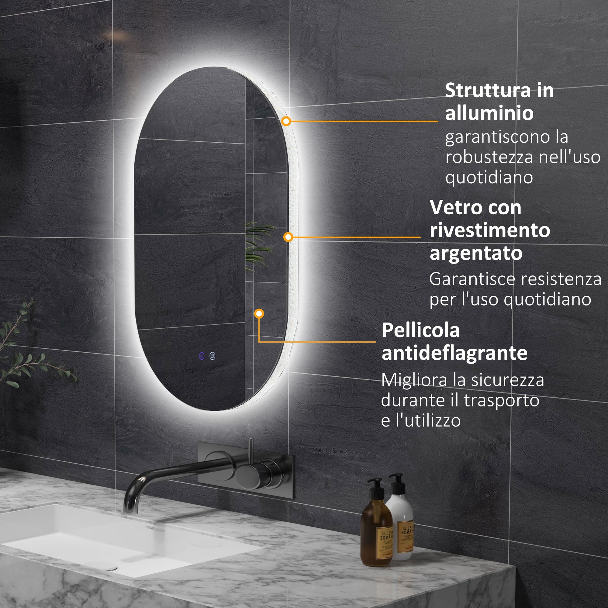 Anti-Fog LED Bathroom Mirror with Adjustable Brightness, Glass and Aluminum, 81x51x4.5 cm