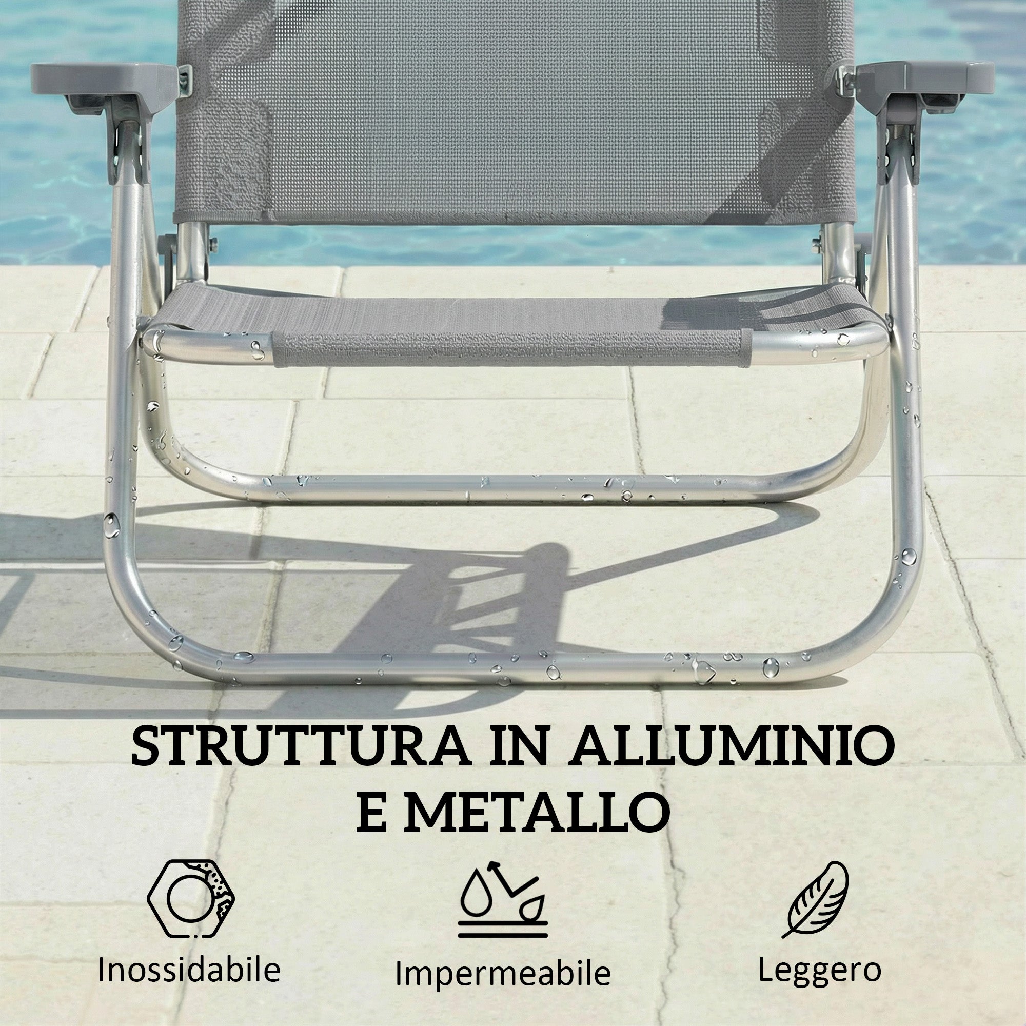 Outsunny 6-Level Reclining Deck Chair with Adjustable Canopy and Headrest, Aluminum and Mesh, 62x68x79, Gray
