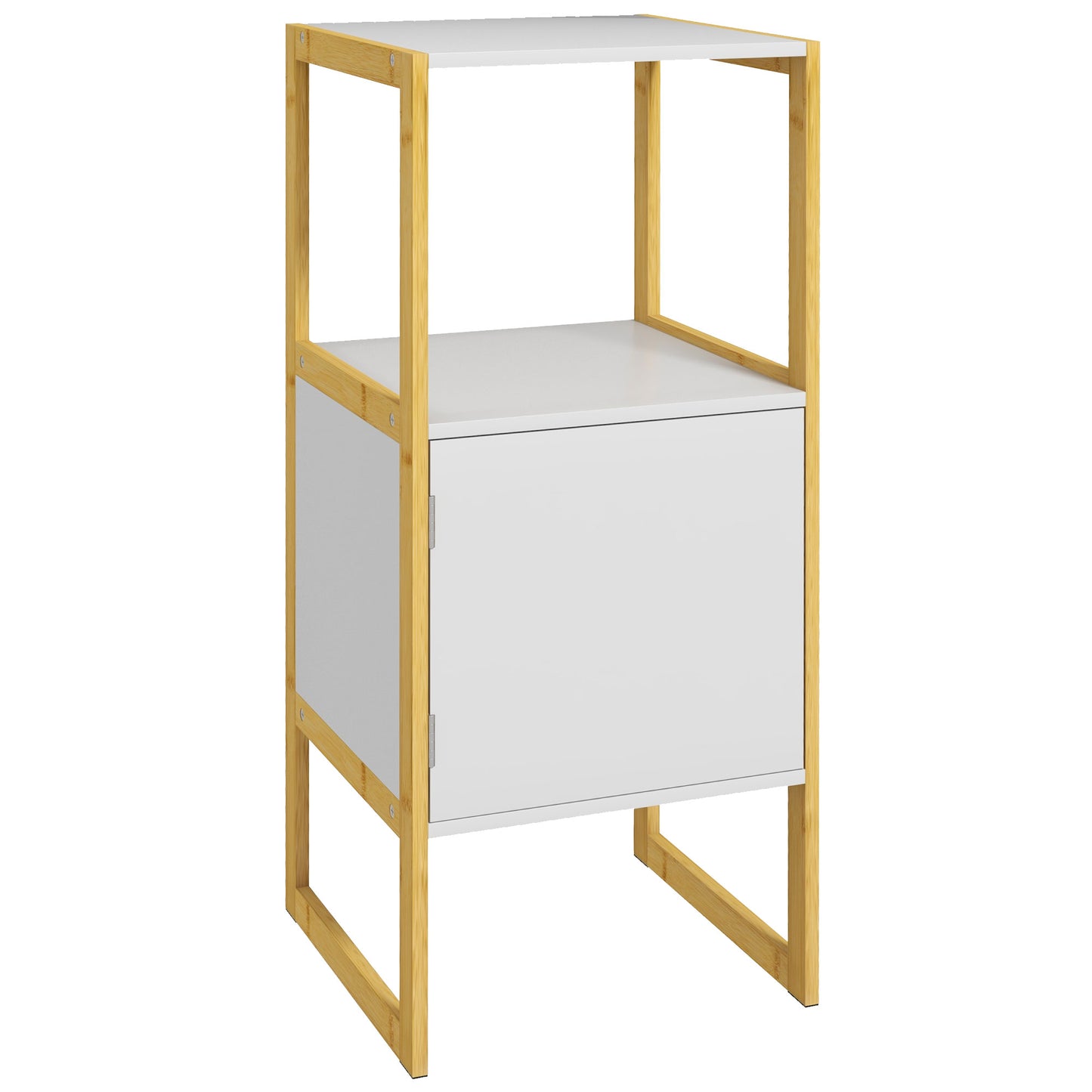 Bathroom Cabinet with Open Shelf and Door with Pressure Opening in Bamboo and MDF, 33x33x80cm, White