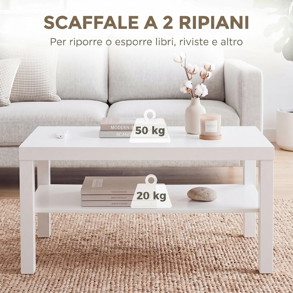 HOMCOM Rectangular Coffee Table with Large Shelf, 90×45×44.5 cm, White