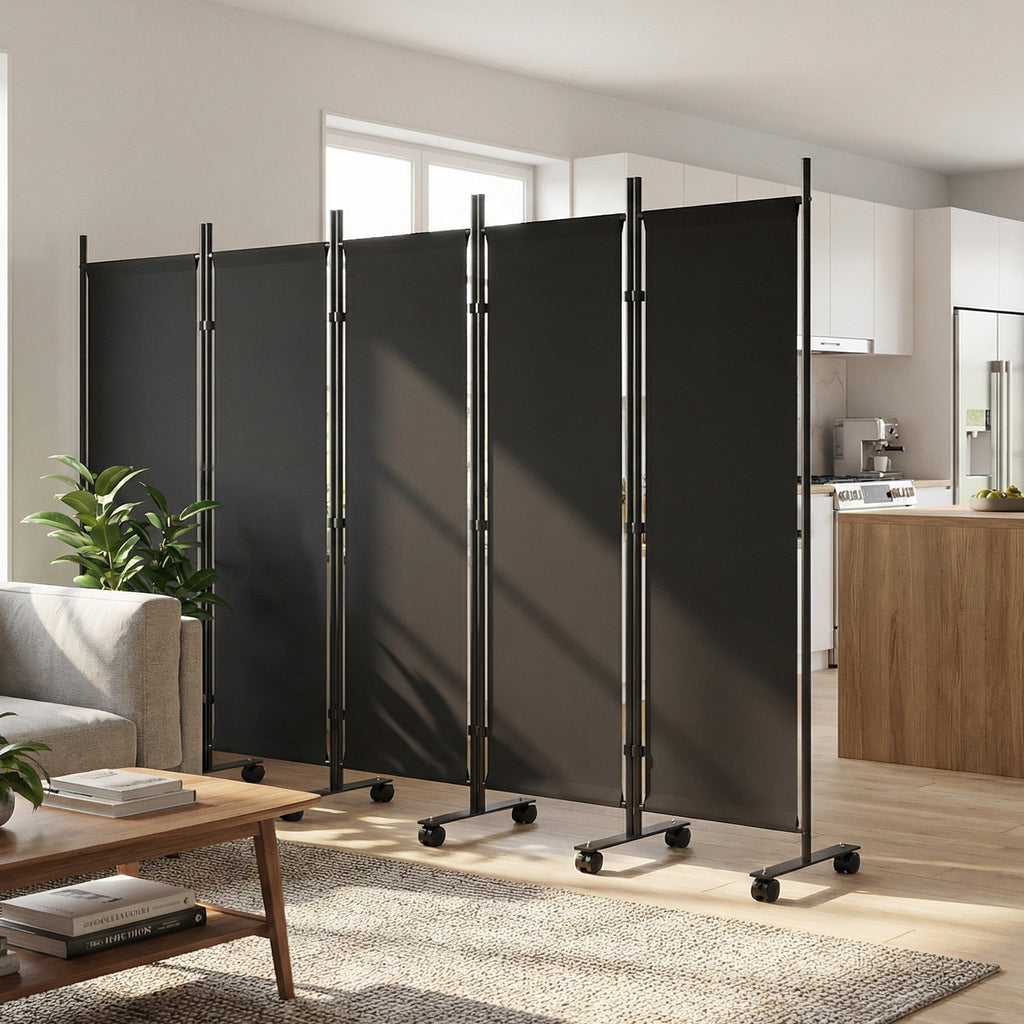 Outsunny 5-Panel Decorative Steel Room Divider with 12 Wheels and Connection Clips, Black