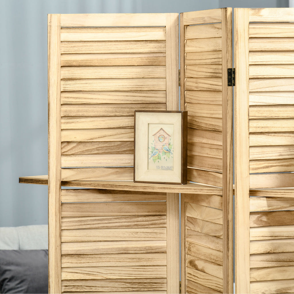 4-Panel Folding Room Divider with Shelves, Paulownia Wood, 162 x 170 cm, Wood