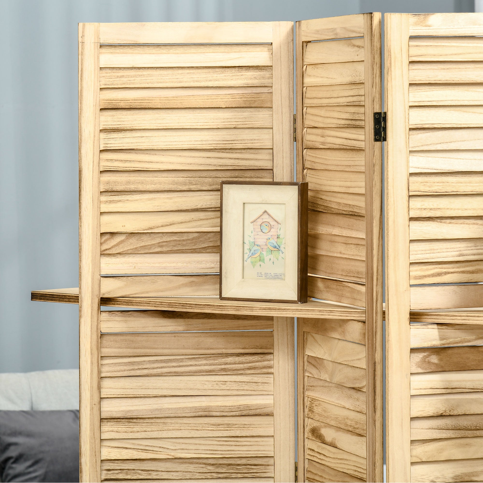 4-Panel Folding Room Divider with Shelves, Paulownia Wood, 162 x 170 cm, Wood