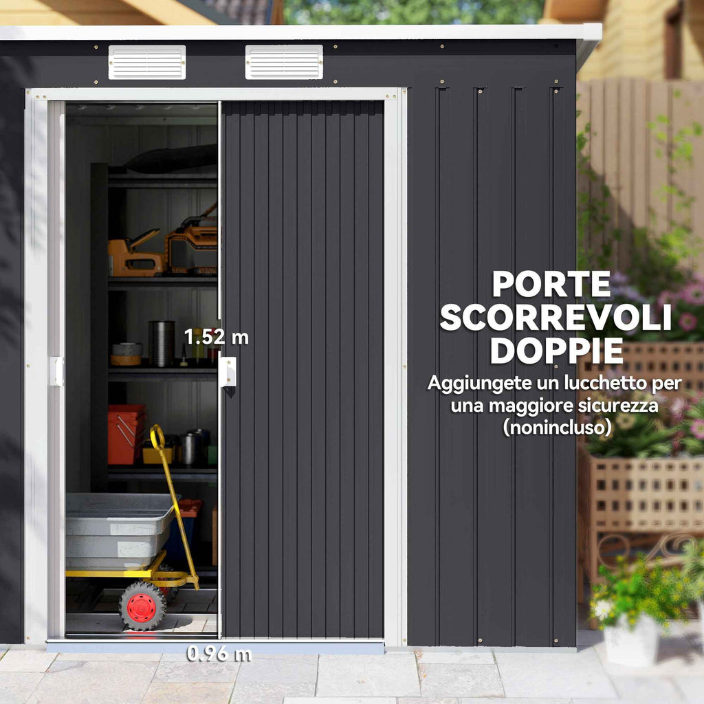 Outsunny Tool Shed with Sloped Roof, 2 Entrances and Air Vents, Steel, 213x130x172 cm, Dark Grey