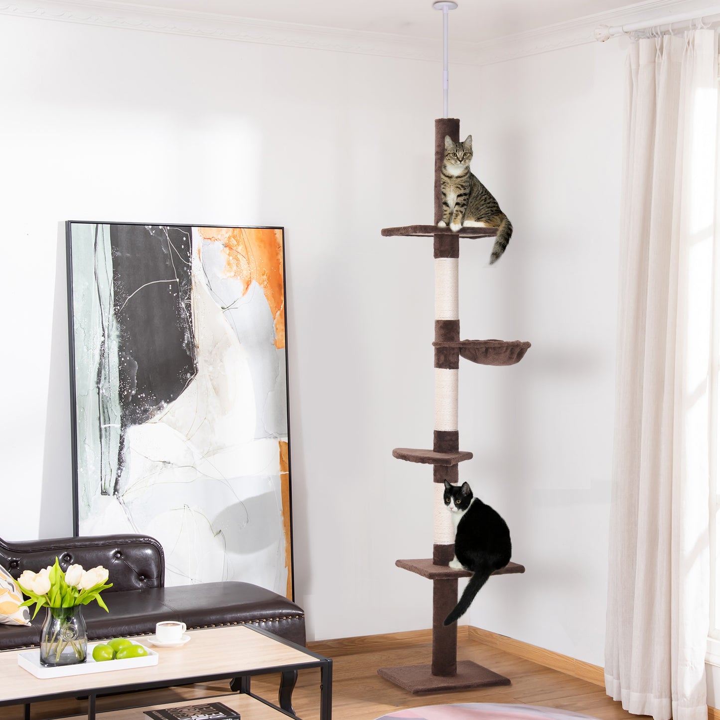 Multi-Level Ceiling Cat Tree with Hammock and Adjustable Height, 40x34x230-260cm, Brown