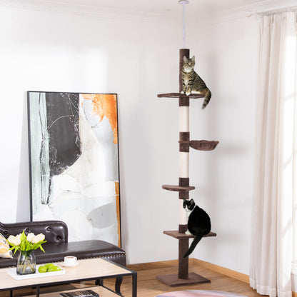 Multi-Level Ceiling Cat Tree with Hammock and Adjustable Height, 40x34x230-260cm, Brown