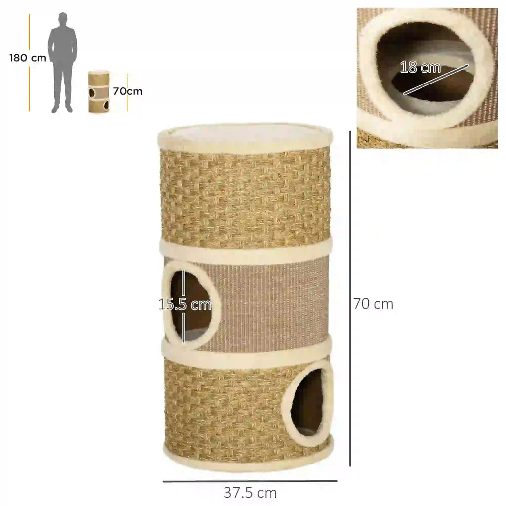 Cat House Cat Scratching Post Tower with 3 Niches, Sisal Rope and Seaweed, Plush Edge, Khaki and Brown - Borge' Group Limited