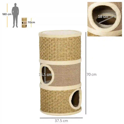 Cat House Cat Scratching Post Tower with 3 Niches, Sisal Rope and Seaweed, Plush Edge, Khaki and Brown