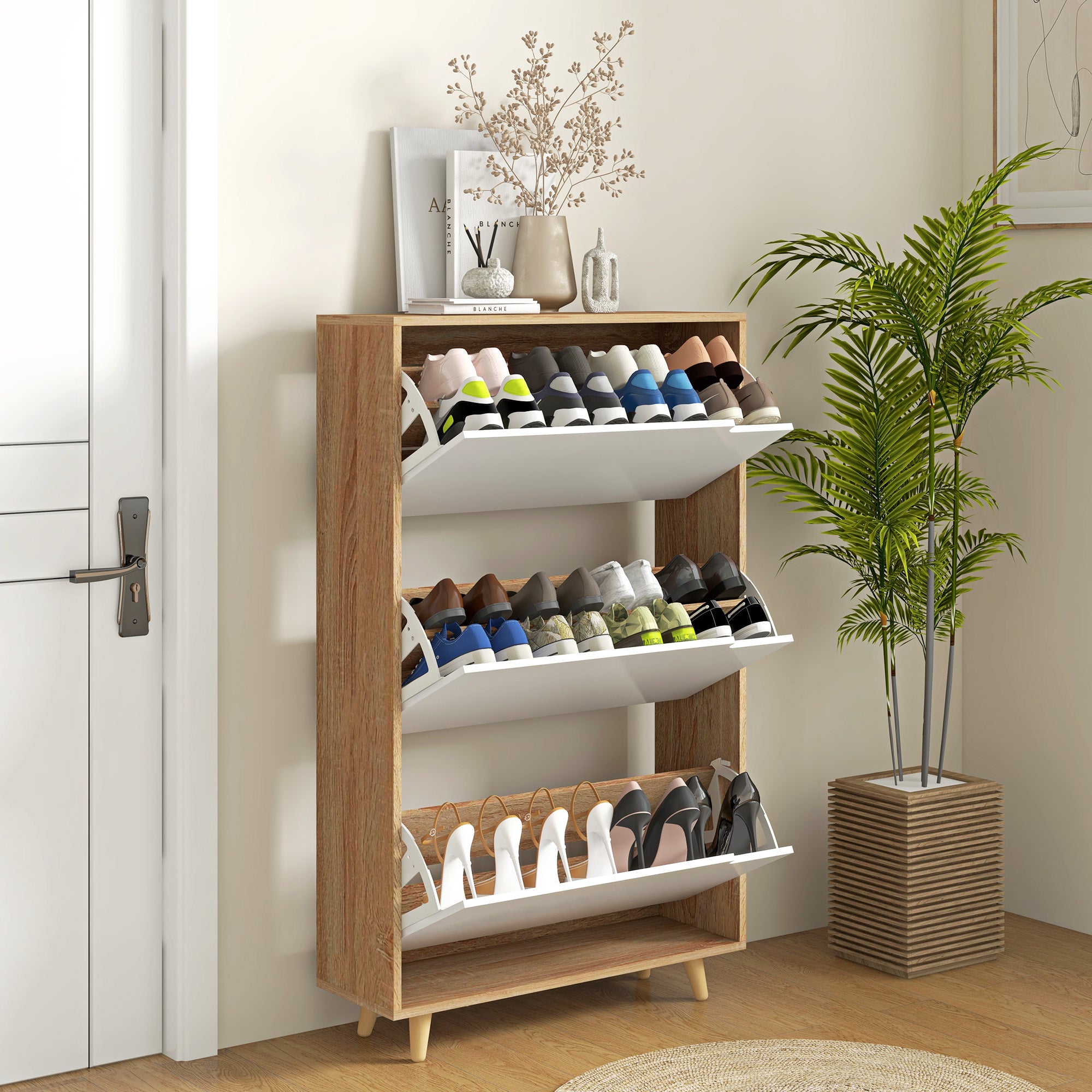 HOMCOM Space-saving 3-drawer shoe rack with adjustable shelf for 18-24 pairs of shoes, 72x24x119cm, White - Borgè