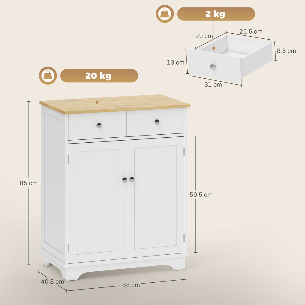 Low Sideboard with 2-Door Cabinet, Adjustable Shelves and 2 Drawers, White and Wood