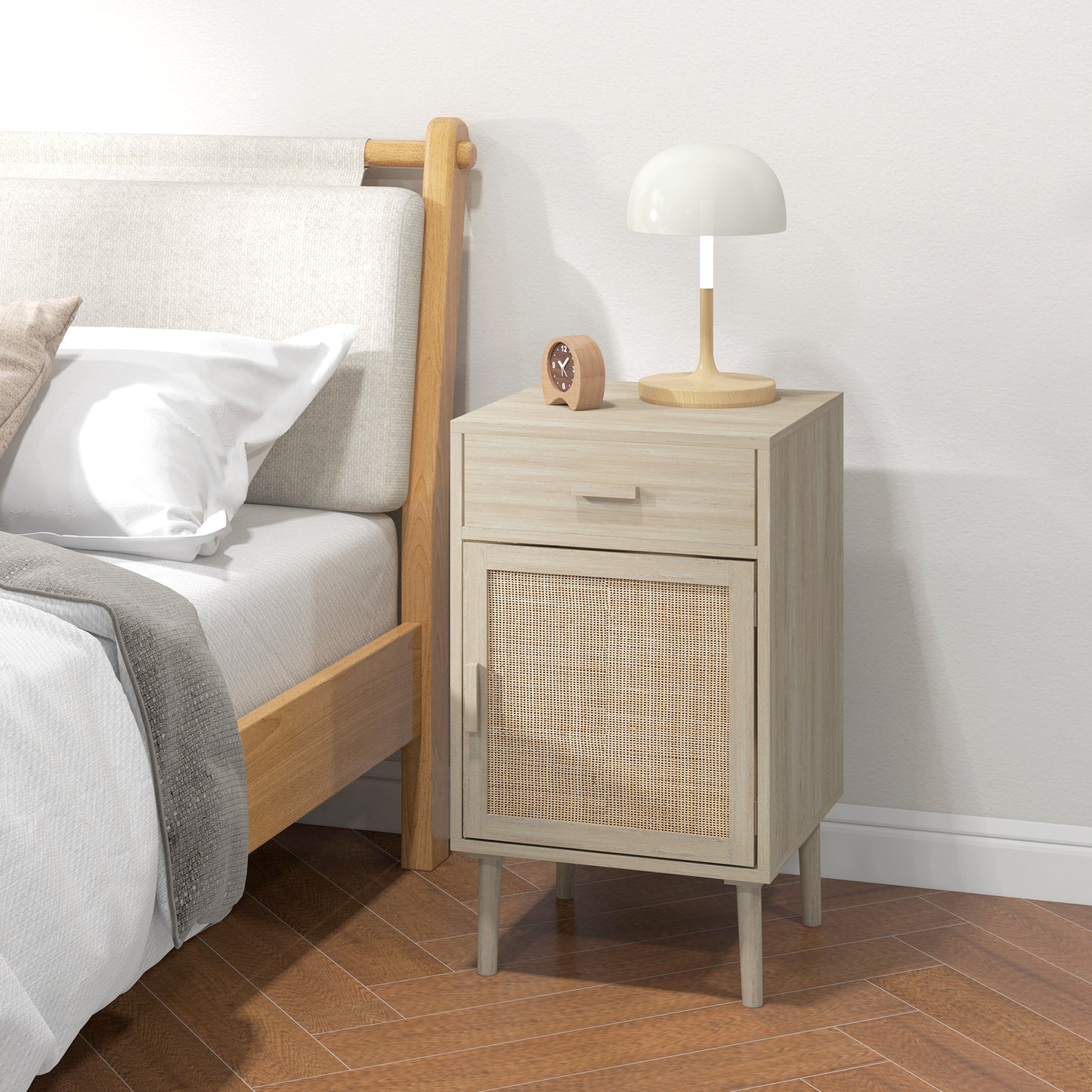 Set of 2 Bedside Tables for Bedroom with Drawer and Door in Boho Style Rattan, Wood Colour - Borgè