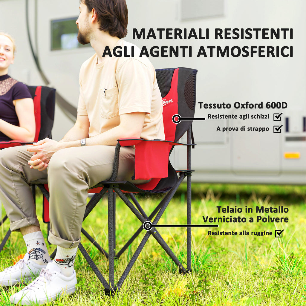 Set of 2 Folding Camping Chairs with Cooler Bag, Cup Holder and 2 Pockets, 94x62x100 cm, Red