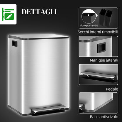 30L 2-Section Pedal Waste Bin with Silent Lid, in Stainless Steel and PP, 47.7x37.5x66.8 cm