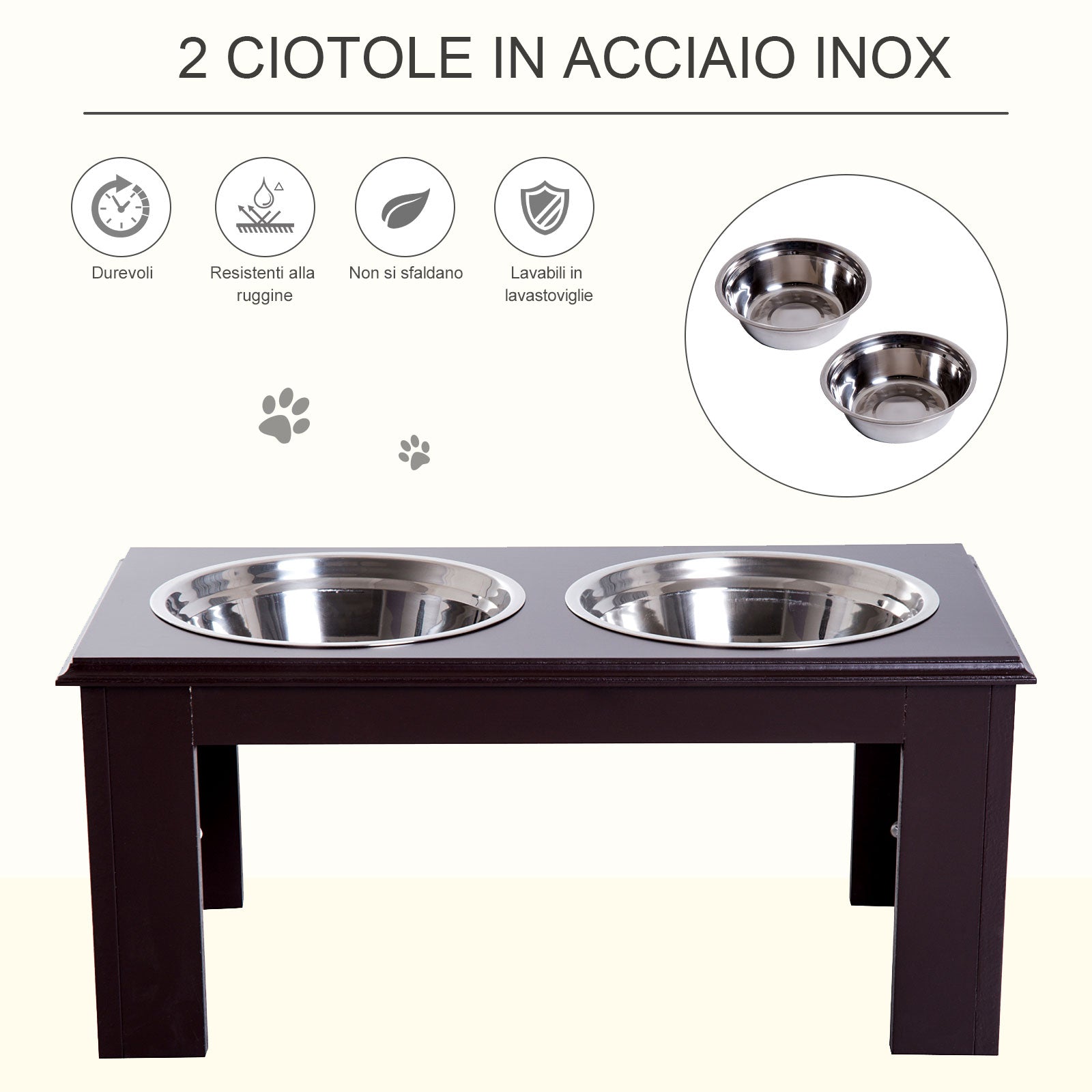 Pawhut Stainless Steel Raised Dog Bowl, MDF Wood Base, with 2 Plates - Borgè