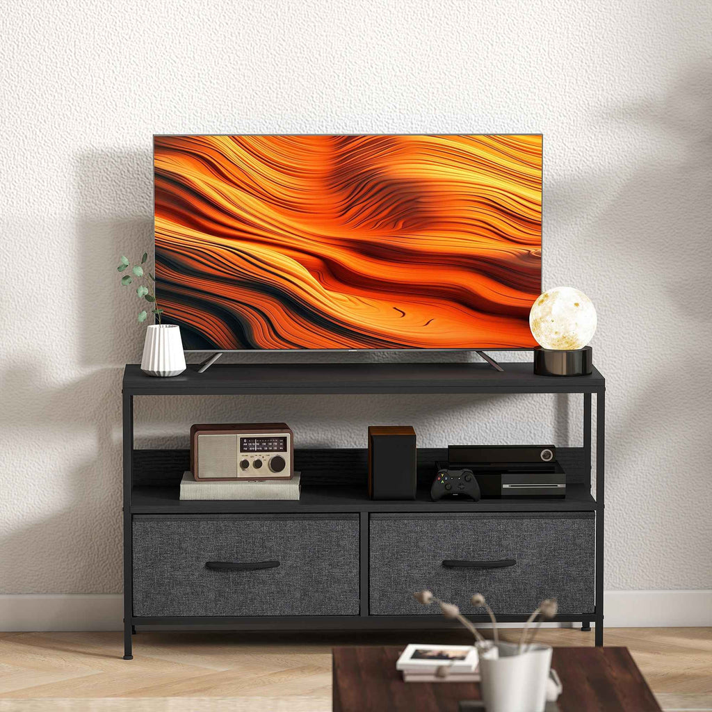 HOMCOM 47" TV Stand with Folding Fabric Drawers and Metal and MDF Shelf, 98x29x56 cm, Black