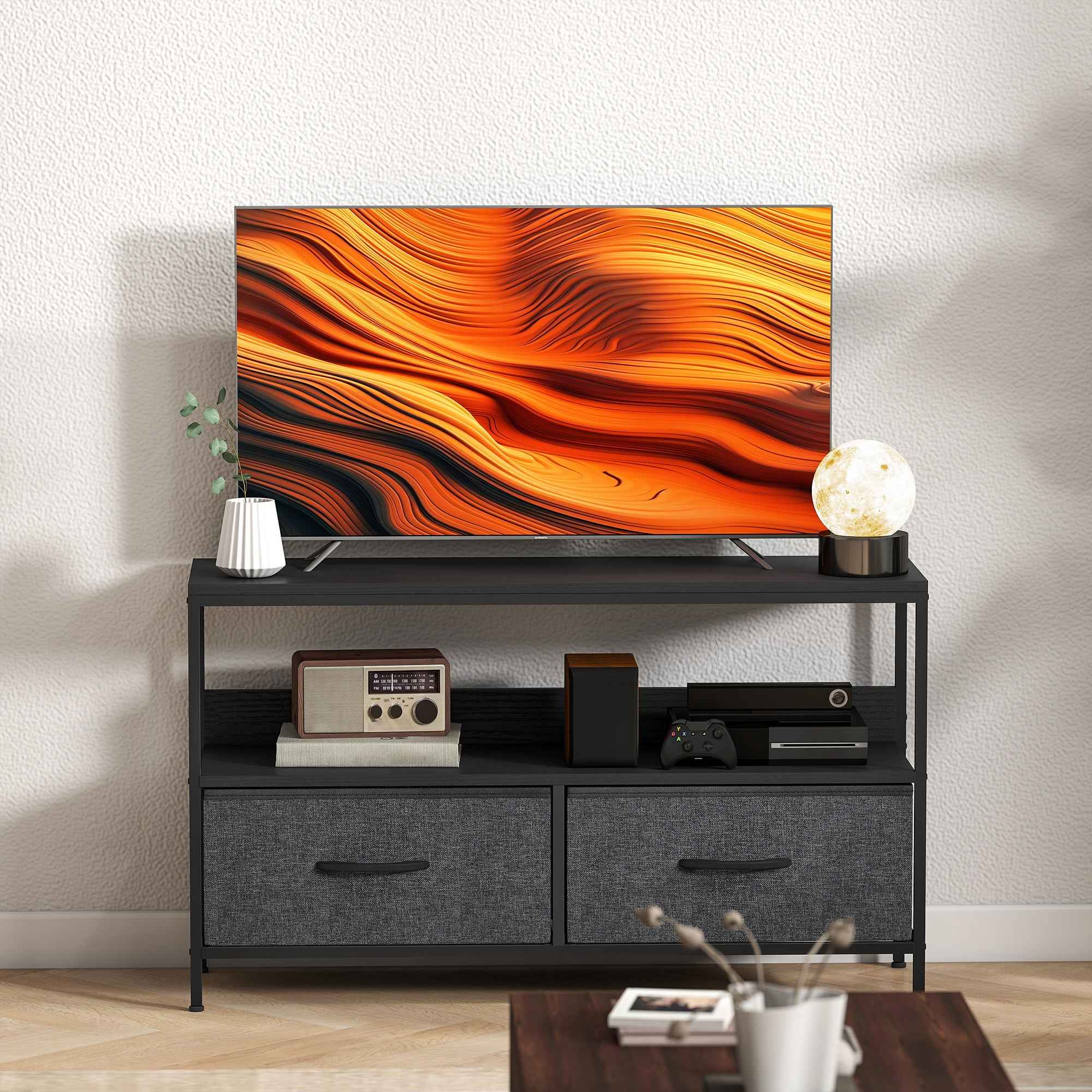 HOMCOM 47" TV Stand with Folding Fabric Drawers and Metal and MDF Shelf, 98x29x56 cm, Black