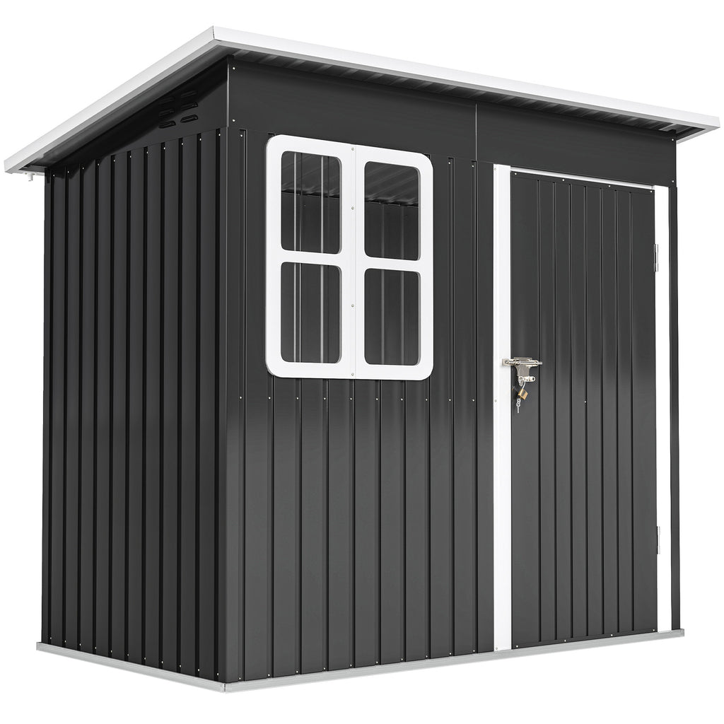 Outsunny 2.55m² Galvanized Steel Garden Shed with Foundation Kit, Pitched Roof Locking Door, Grey