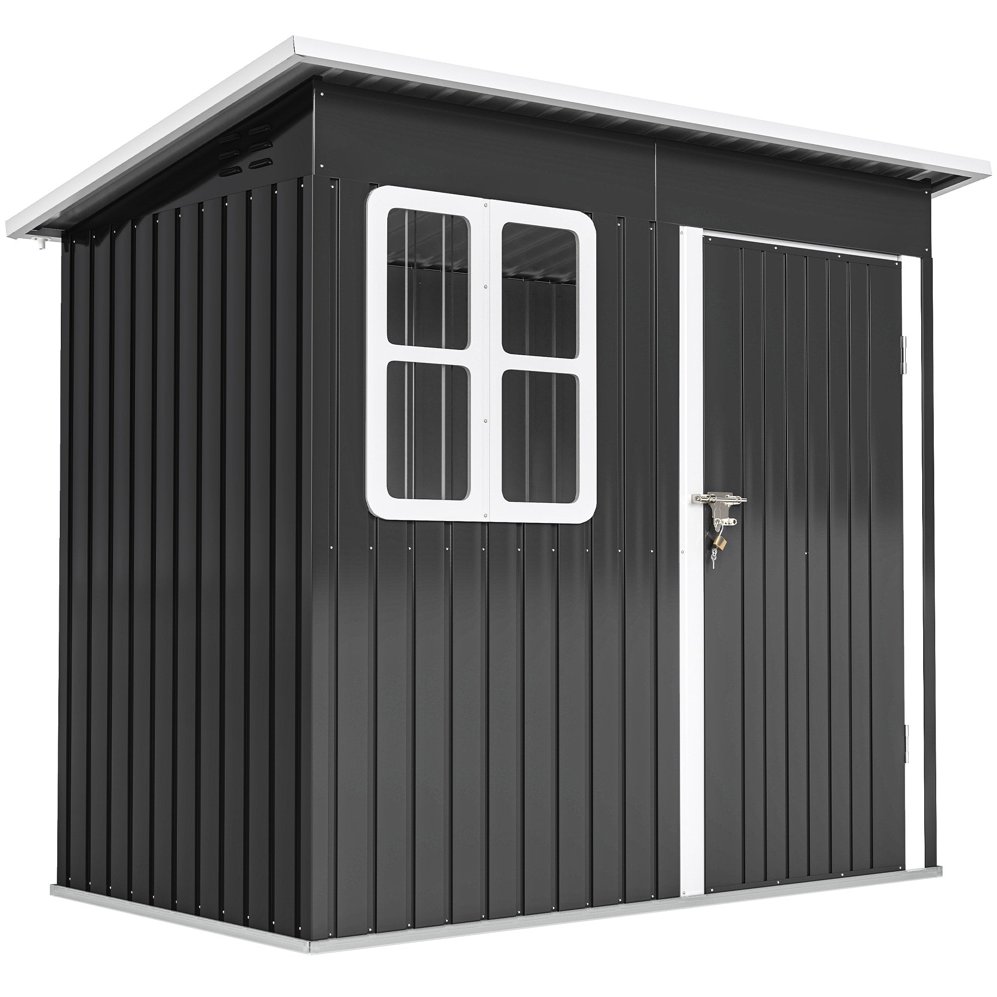 Outsunny 2.55m² Galvanized Steel Garden Shed with Foundation Kit, Pitched Roof Locking Door, Grey