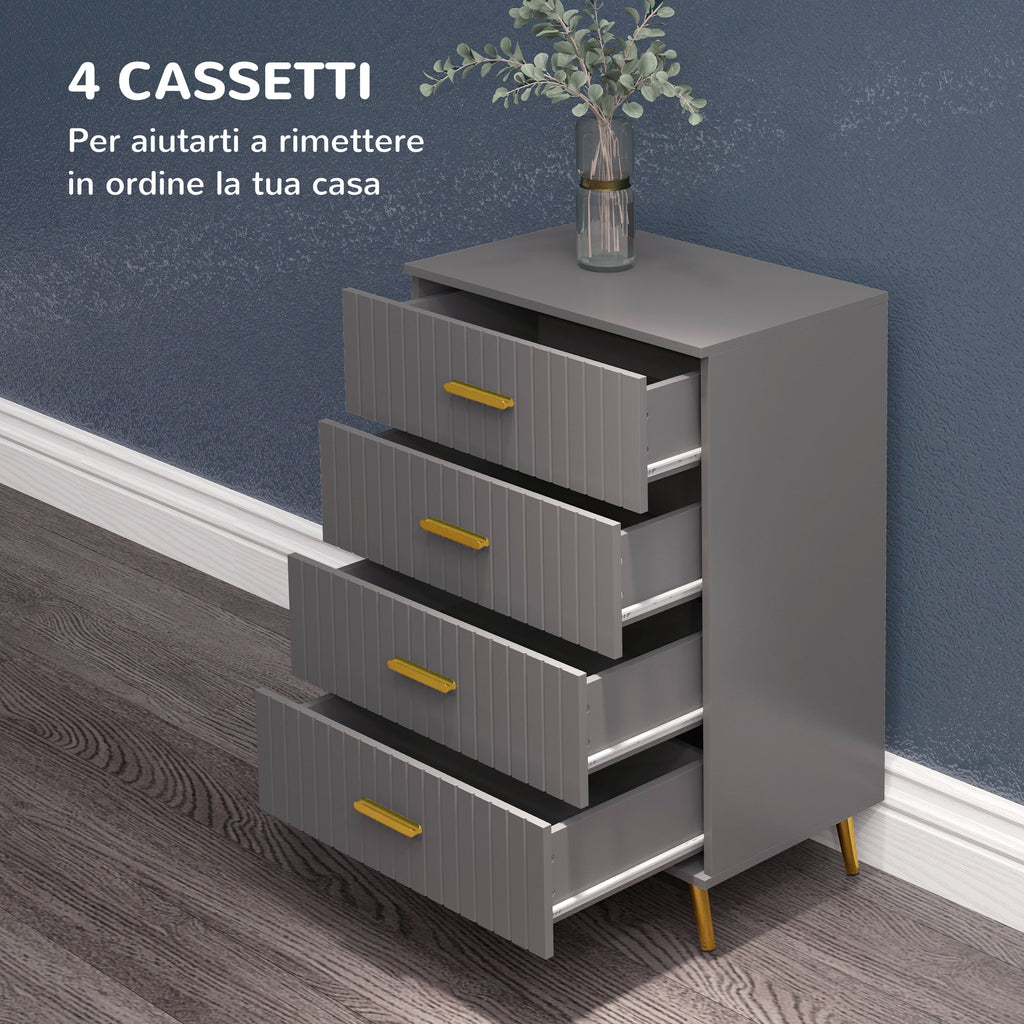 Modern 4 Drawer Chest of Drawers in Wood and Aluminum, 60x40x90 cm, Gold and Dark Grey