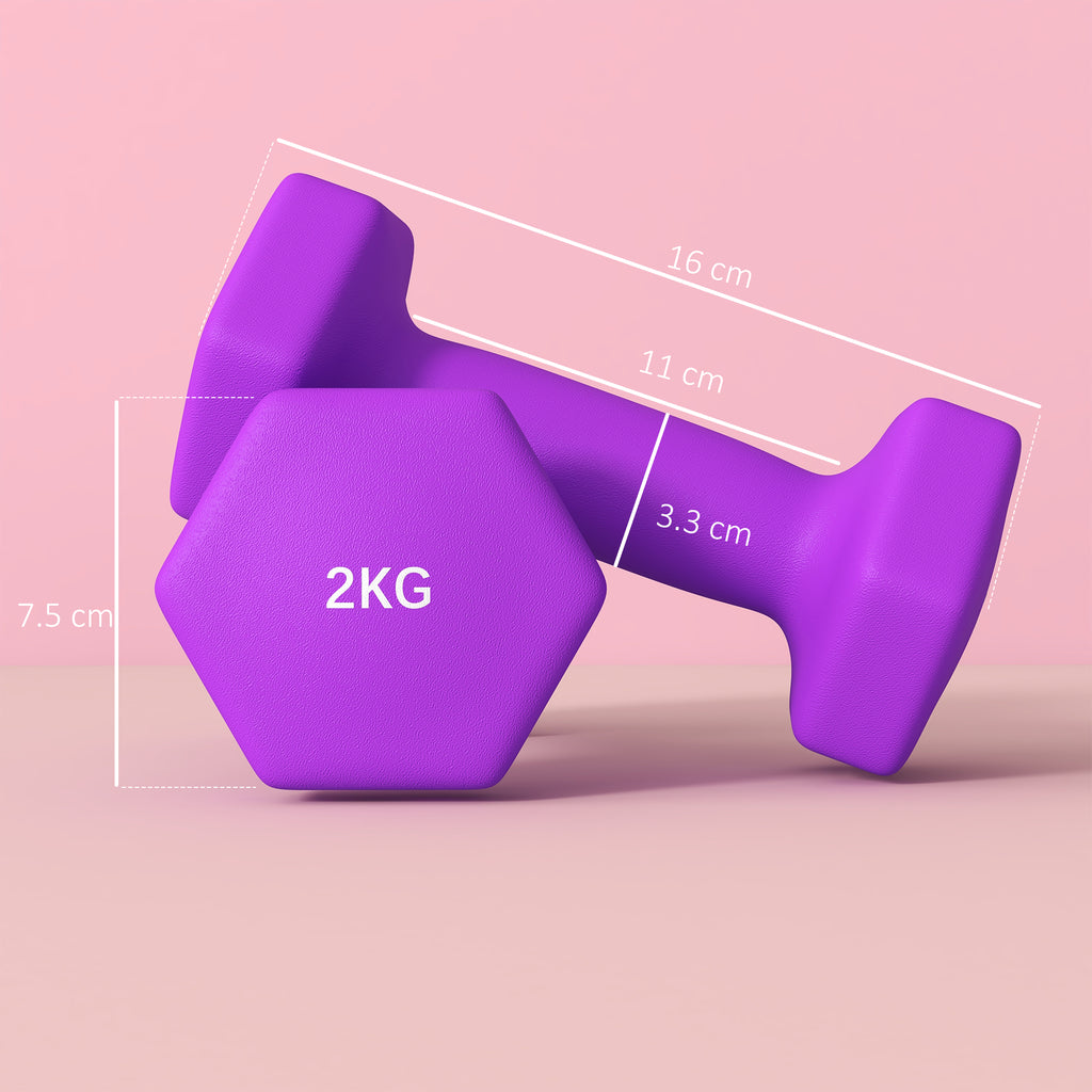 SPORTNOW Set of 2 Dumbbells 2x2 kg Hexagonal and Non-slip for Home and Gym, in Metal and Plastic, 16x7.5x7.5 cm, Purple