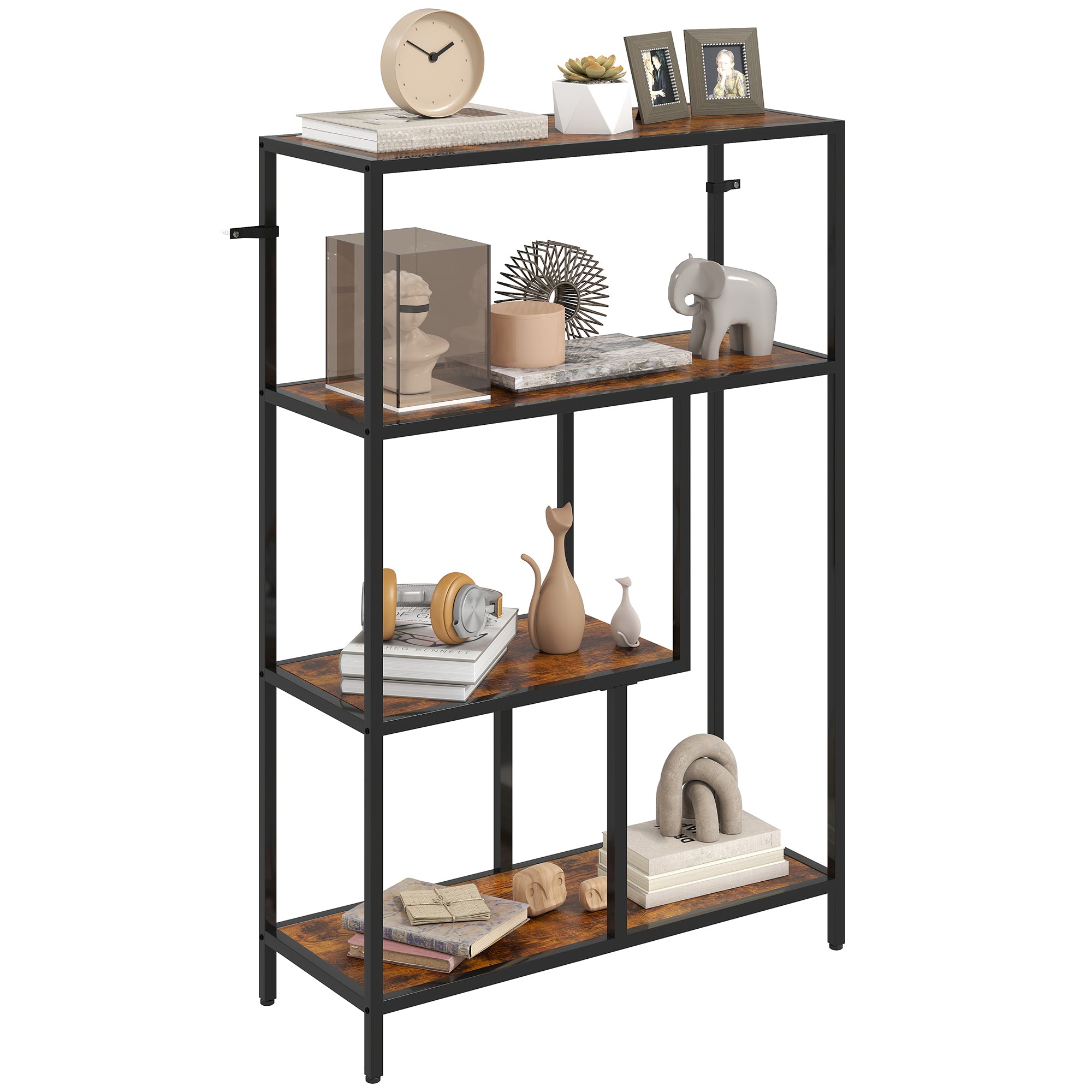 Industrial Style 4-Tier Bookcase in Wood and Metal, 77x30x116 cm, Rust ...