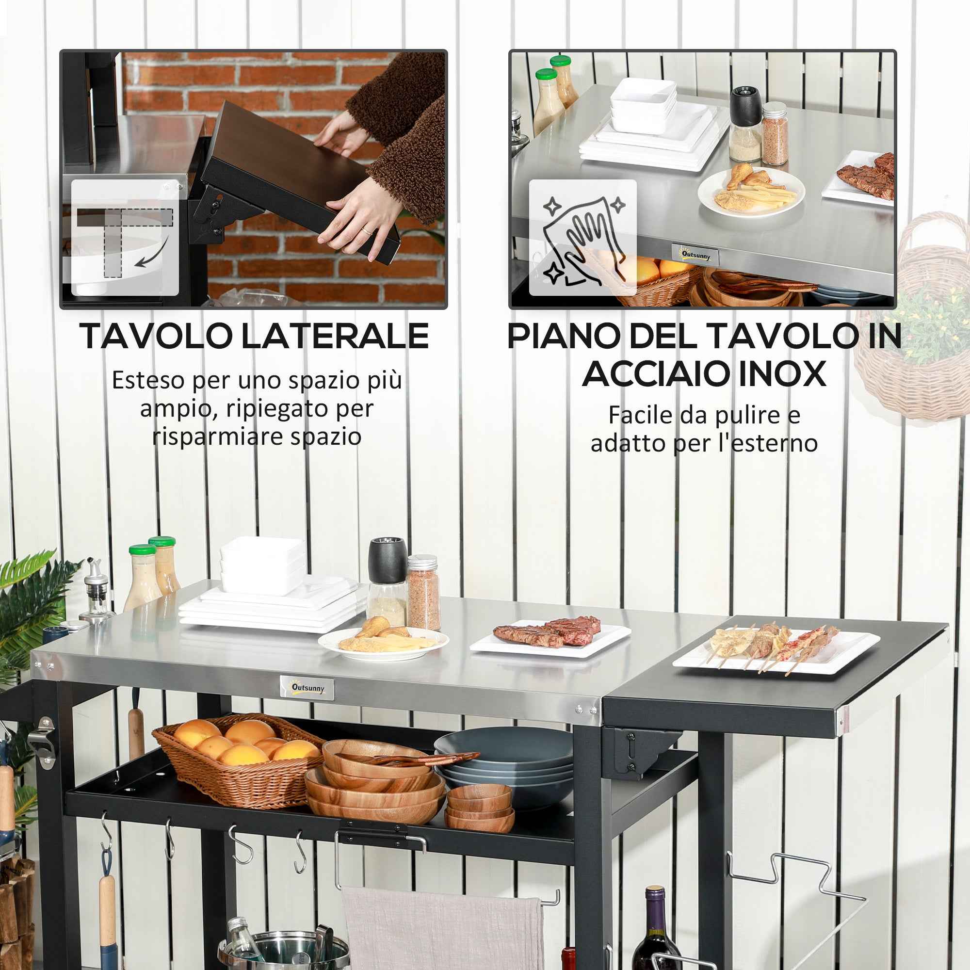 Outsunny Barbecue Cart with Folding Stainless Steel Table, 2 Wheels and Accessories, 125x65x84 cm, Black