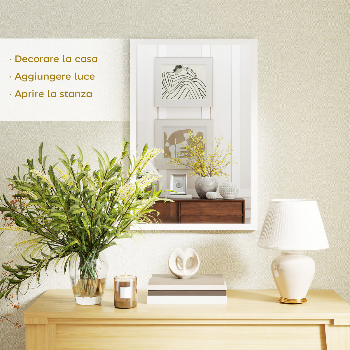 HOMCOM Rectangular Wall Mirror with Hooks, Glass and MDF Wall Mirror, 40x60 cm, White