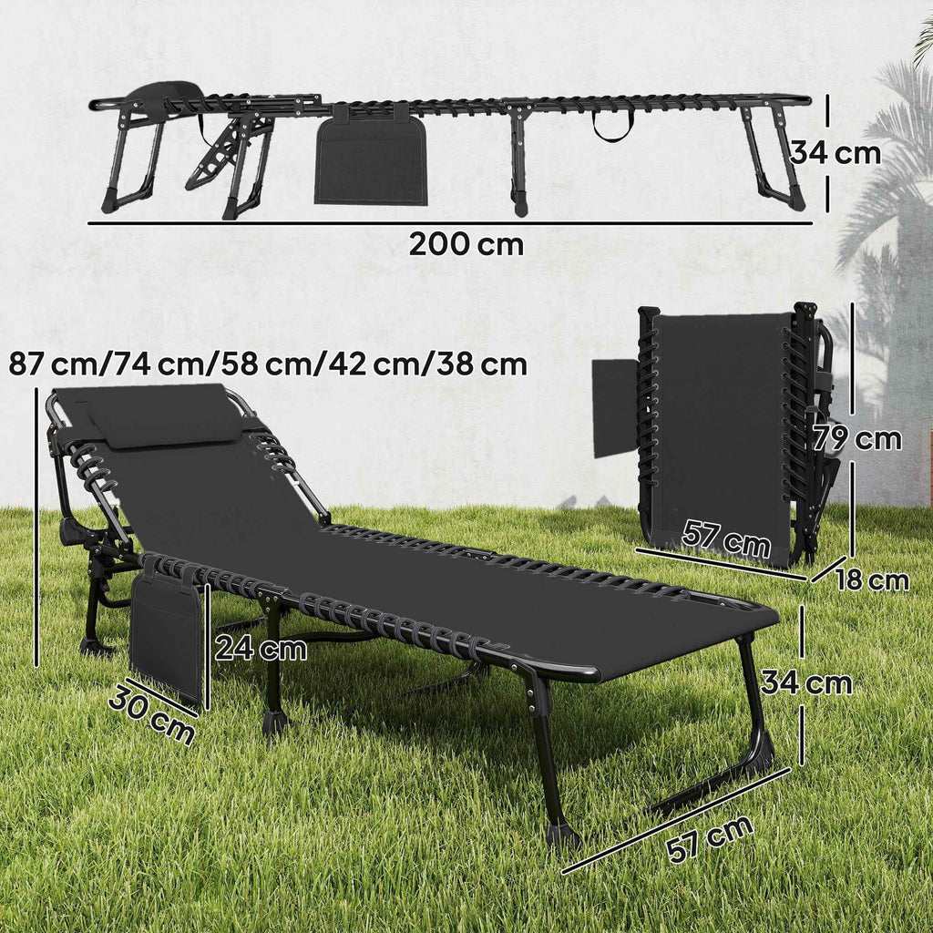 Outsunny Set of 2 Folding and Reclining Garden Sun Loungers on 5 Levels with Cushions, 57x200x38 cm, Black