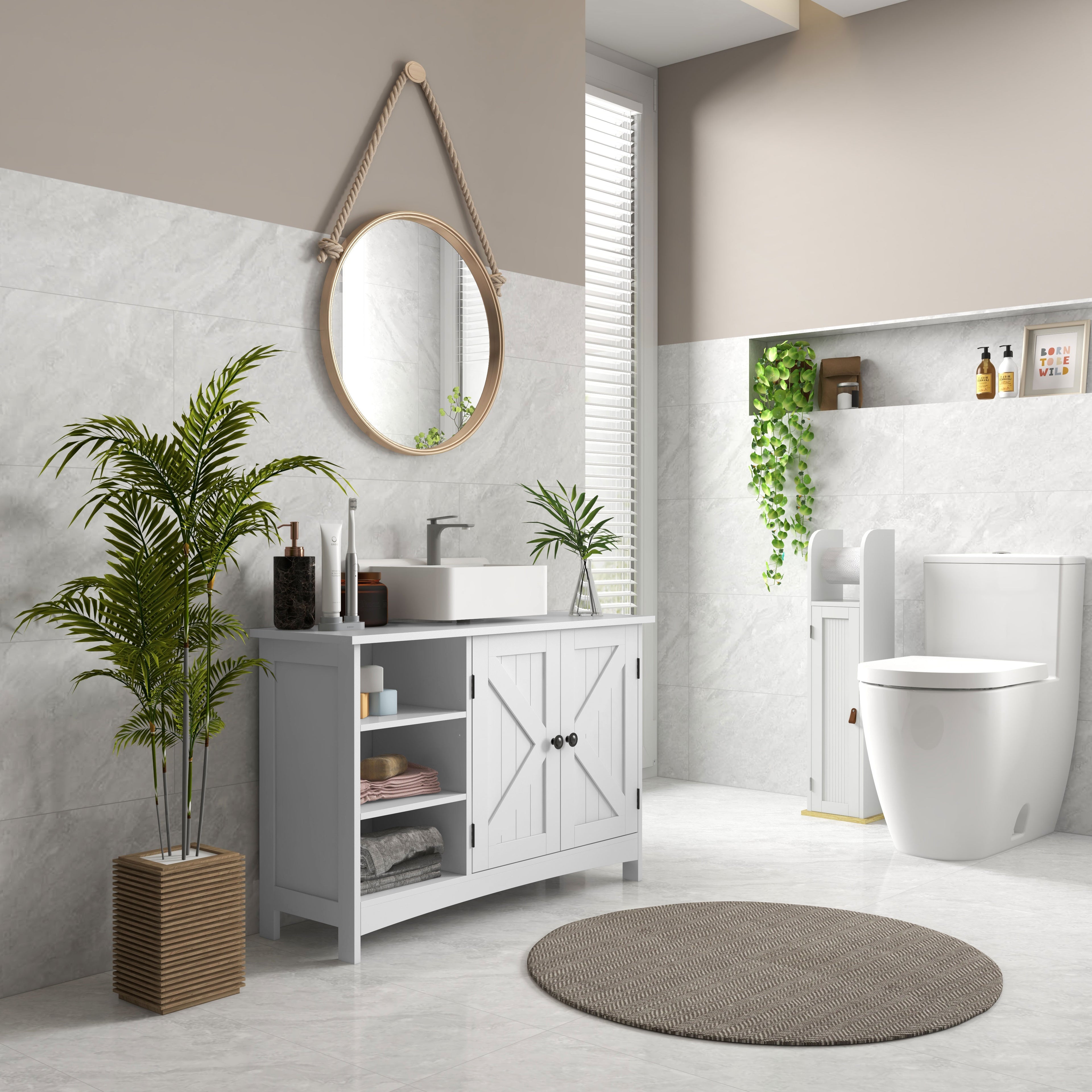 Kleankin Mobile under Bathroom Washa with 2 doors and 3 Open Wooden Conditions, 90x30x60cm, White - Borgè