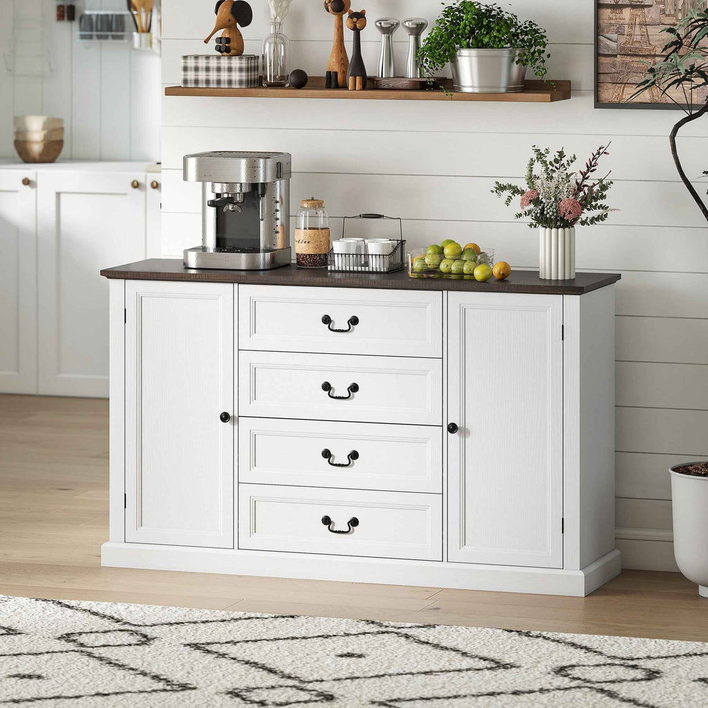 HOMCOM Vintage Style Kitchen Sideboard with 4 Drawers and 2 Cabinets with Adjustable Shelves, 147x40x87, White Wood