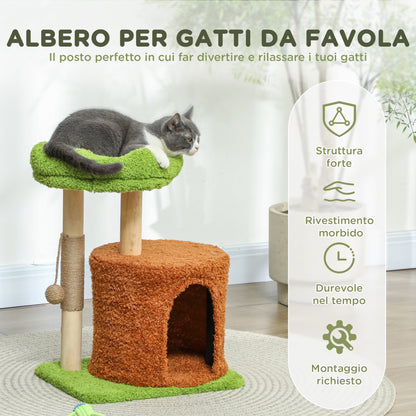 Cat Scratching Tree with House, Bed and Toy Ball, Made of Wood and Plush, 44x33x61 cm, Green