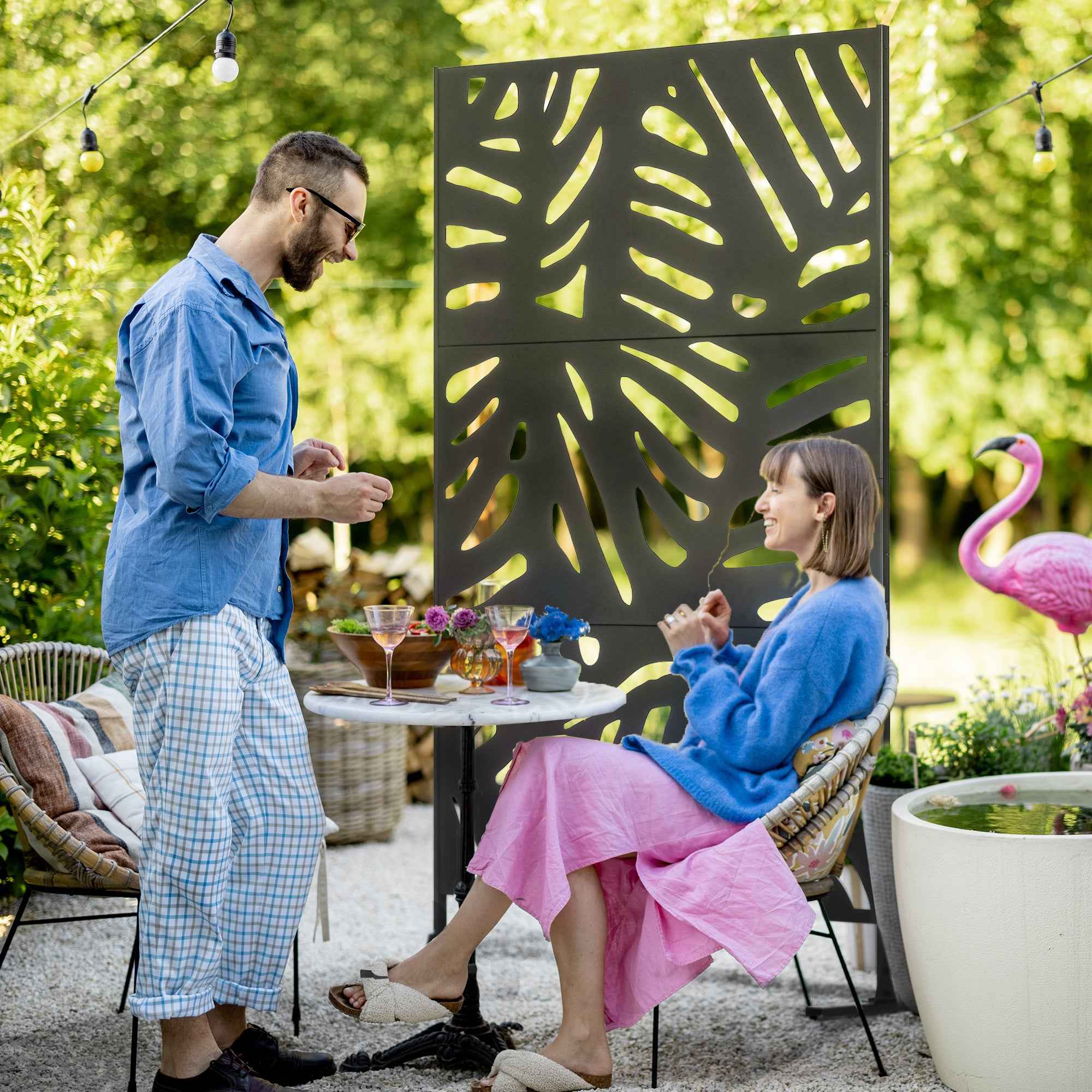 Outsunny 3-Door Vertical Steel Room Divider with Tropical Pattern, 122x45x198 cm, Black