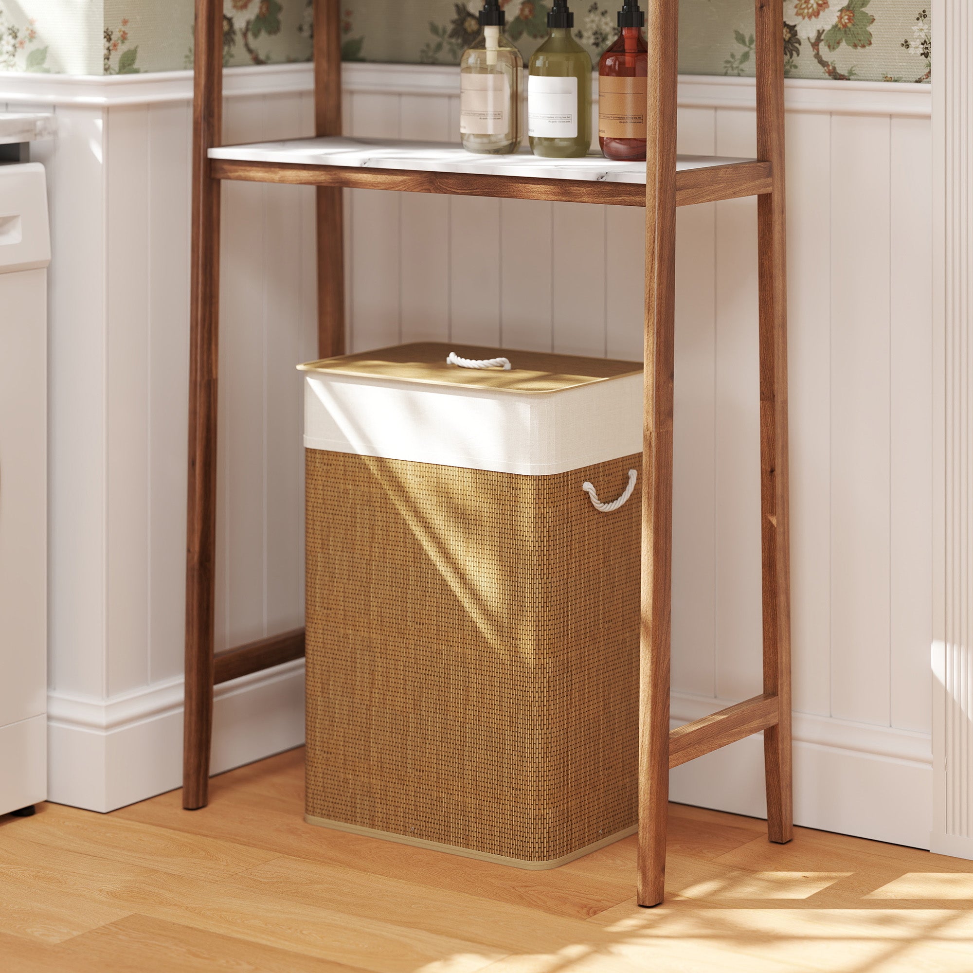 72L Laundry Hamper with Bamboo Lid, Rope Handles and Removable Bag, Brown