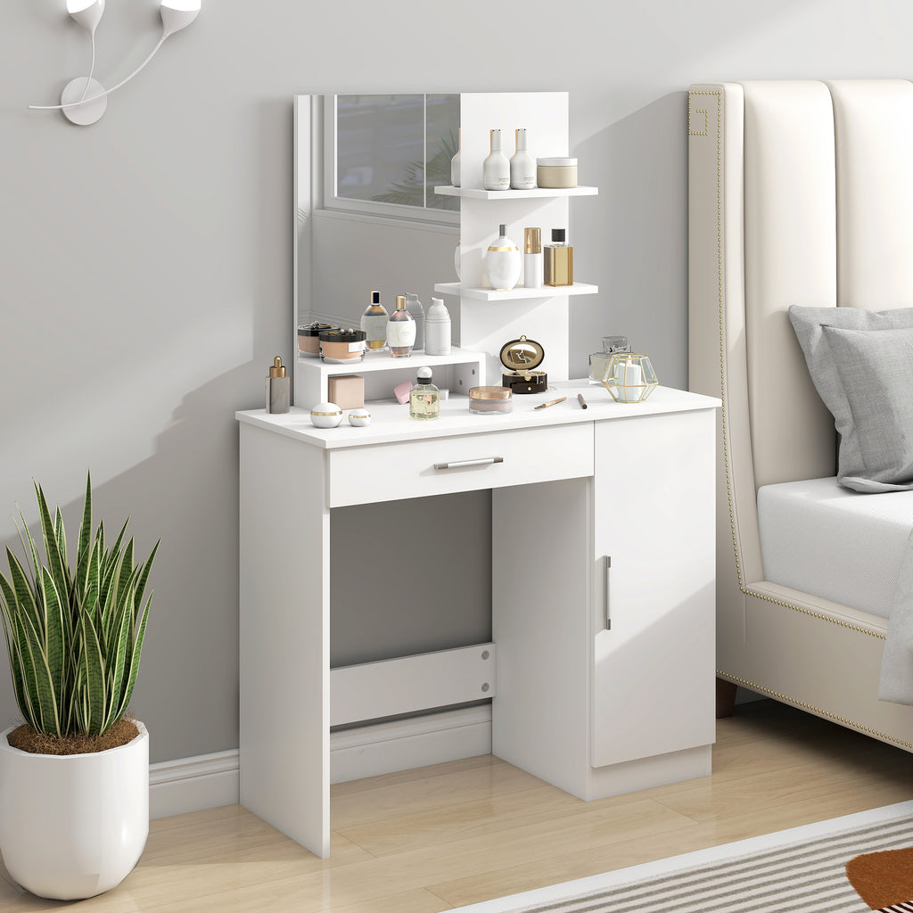 Dressing Table with Cabinet, Drawer, Makeup Mirror and Open Shelves, 90x38x138 cm, White